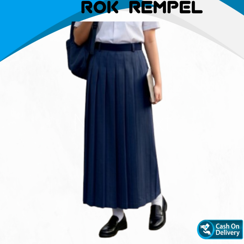 Rok Rempel Polos Biru Tua Panjang Lipit Formal Seragam Sekolah SMP