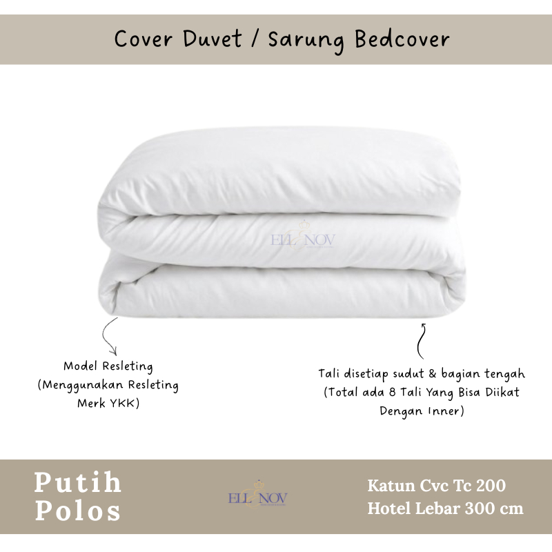 Ellenov Cover Duvet Putih Polos Katun Cvc Tc 200 Bahan Hotel Lebar 300 cm Sarung Bedcover Quilt Cove