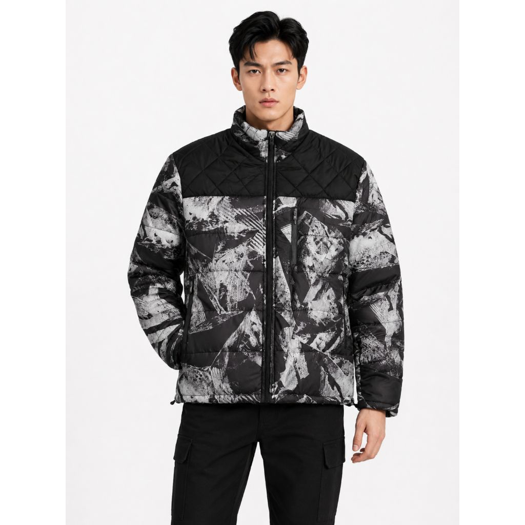 DENZOORA - Jaket Puffer Pria Wanita GLITCH Edition Abstract Black & White - Streetwear Puffer Jacket