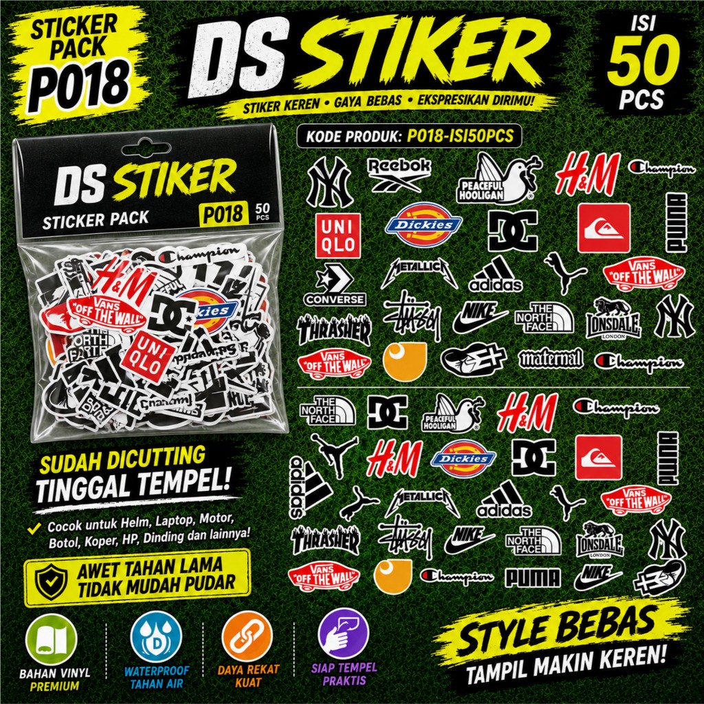 Sticker Pack Brand Fashion Skate P018-ISI50PCS | Stiker Vinyl Waterproof Isi 50 PCS