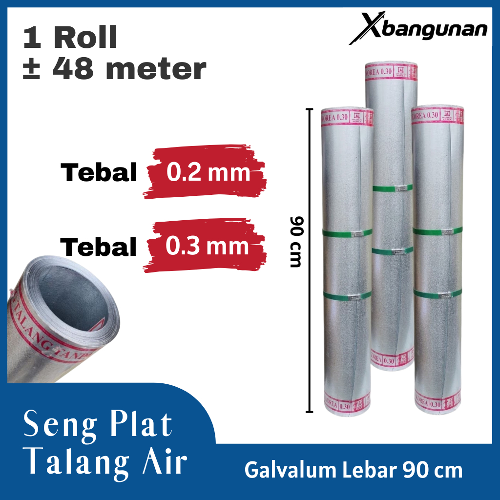Seng Talang Galvalum Lebar 90 Cm per Roll ± 48 Meter Tebal 0.2 / 0.3 mm Anti Karat