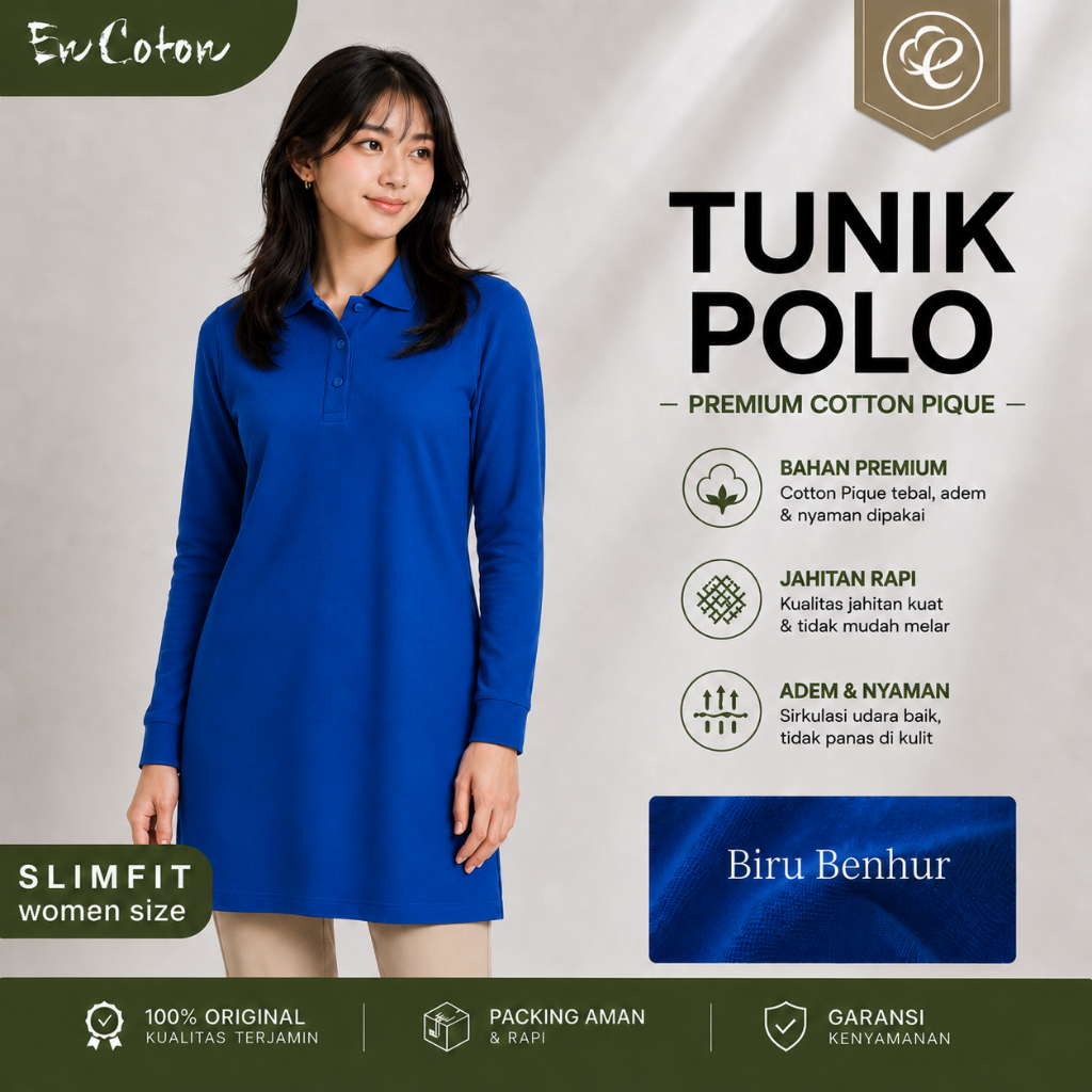 Kaos Kerah Polo TUNIK Wanita Cewek BIRU BENHUR ROYAL BLUE BIRU BCA Premium Tangan Lengan Panjang Sli