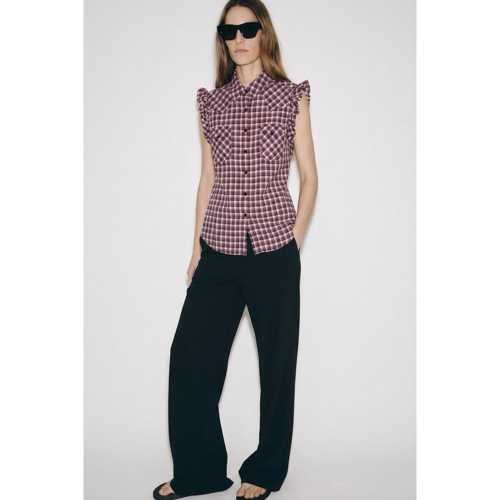 VINTAGE Polo Jeans Co. Ralph Lauren Plaid Ruffle Sleeveless Shirt / Western Blouse Tartan