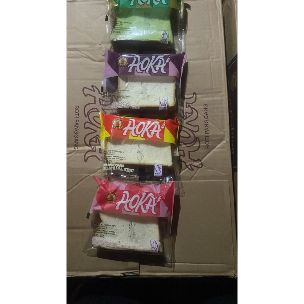 Roti Panggang Aoka 1kardus 60biji Lembut dengan Isian Keju, Coklat, dan Straberi