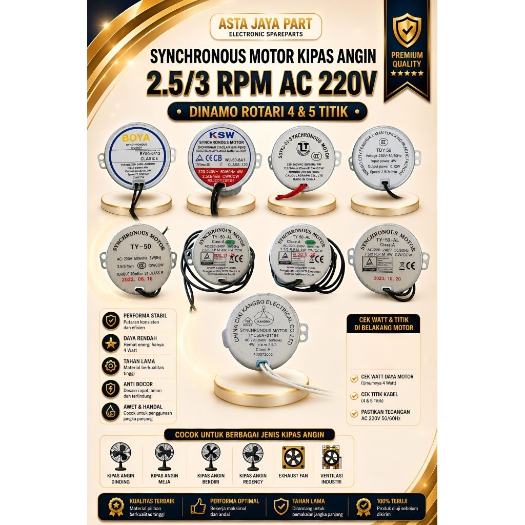 Dinamo Swing Kipas Angin Synchronous Motor Rotari AC 220V 2.5 3 RPM TY50 4 5 Titik Maspion Cosmos Mi
