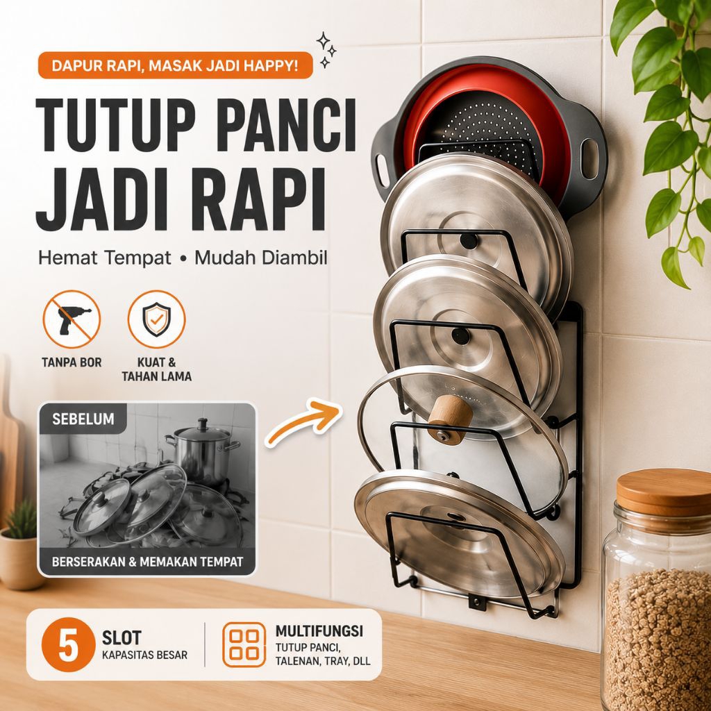 Rak Tutup Panci Dinding Besi Minimalis Organizer Dapur Tempat Tutup Panci Anti Karat