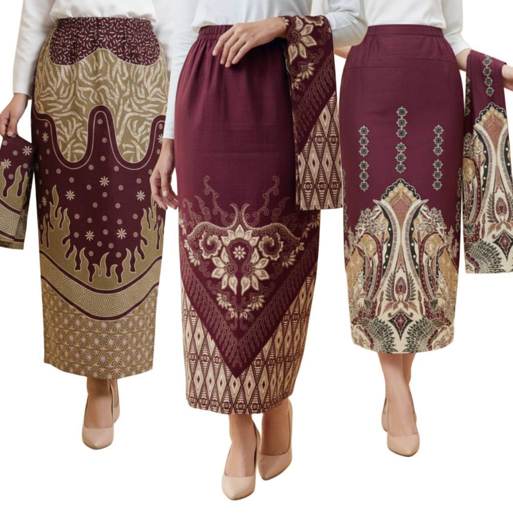Batik Papaku Rok Span Batik FURING FREE Selendang Warna Burgundy merah maroon Katun Prima