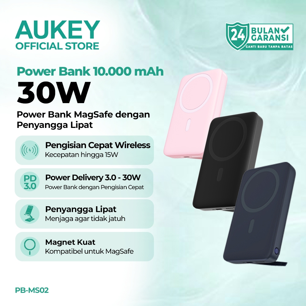 AUKEY Powerbank Wireless Magsafe 10000mAh 30W Stand Lipat Magnetic Fast Charging iPhone Samsung PB-M