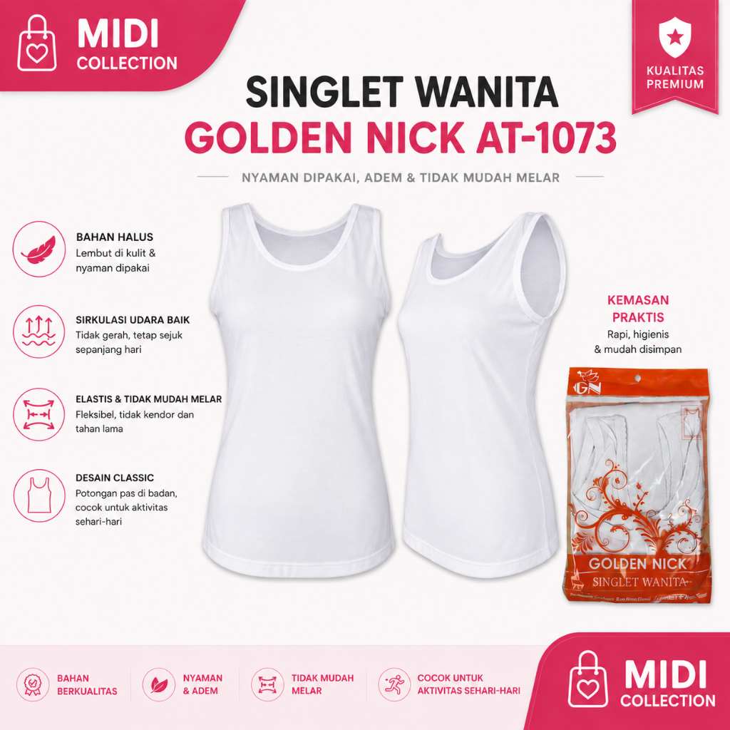 Singlet Wanita Katun Adem Golden Nick AT 1073 Kaos Dalam Perempuan Putih Jumbo Premium