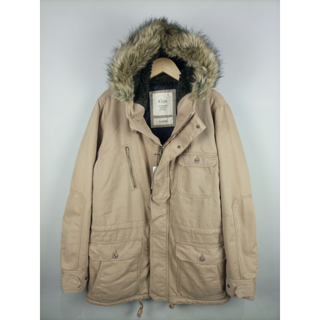 Jaket X'tyle Original Parka Kanvas Denim Tebal Gembul_Coklat Khaki_Like New_Size 3L/XL fit XXL