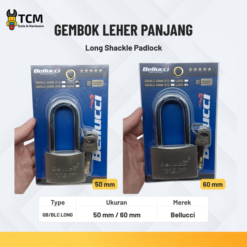 Gembok Pintu Pagar / Gerbang Leher Panjang Bellucci 50 mm / 60 mm - Gembok Rumah Long Shackle dengan