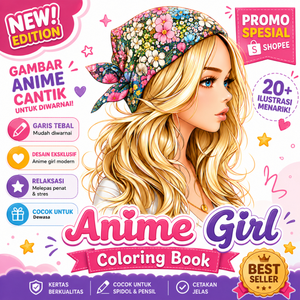 New ANIME GIRL Coloring Book - Buku Mewarnai Dewasa - Buku Sketsa Mewarnai Kertas Tebal (CB125)