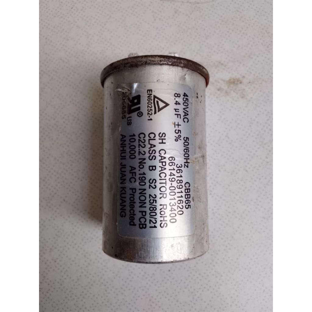 KAPASITOR MESIN CUCI DAEWOO TOP LOADING DWF-908ELC (ORIGINAL COPOTAN)450VAC 50/60Hz CBB65
8,5uF -+5%