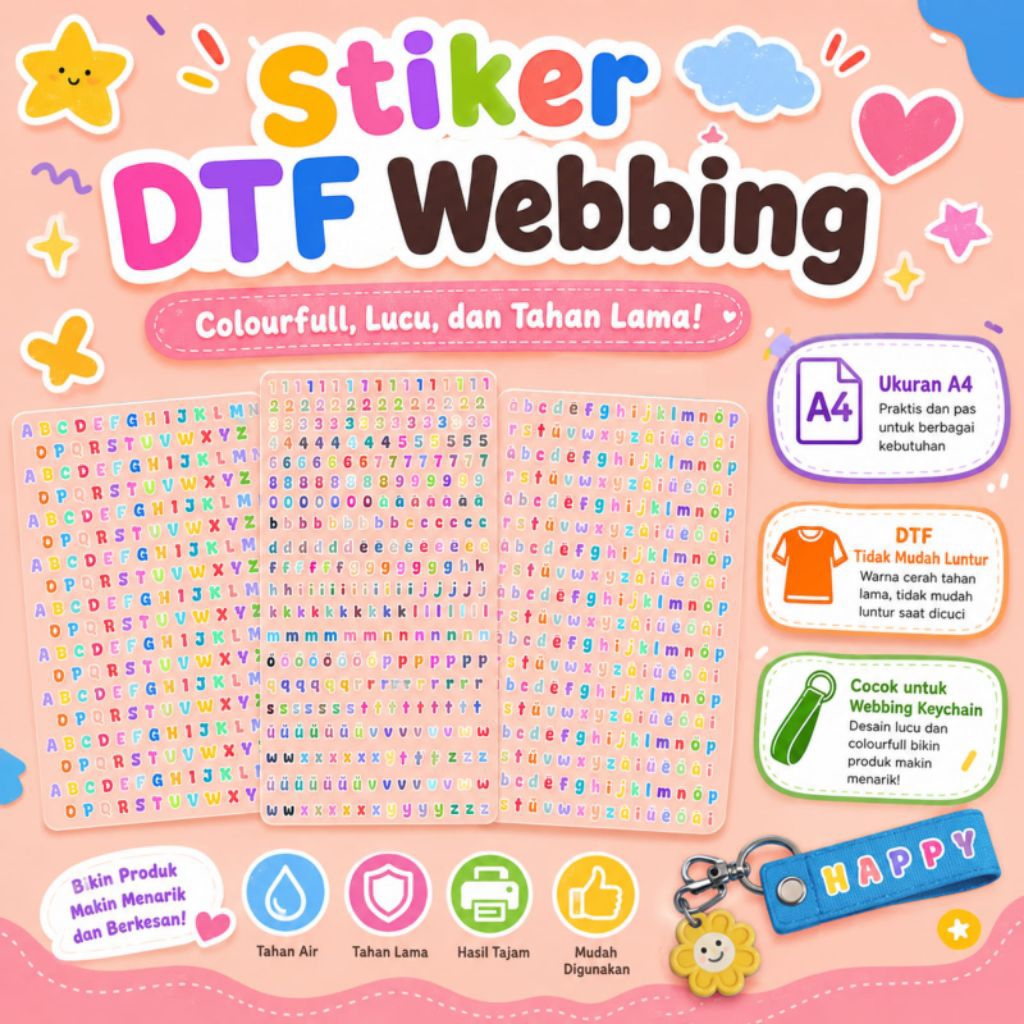 Stiker DTF Webbing/Stiker Huruf DTF/Sablon Huruf DTF Tahan Lama/Sablon DTF kain/Stiker Kain DTF