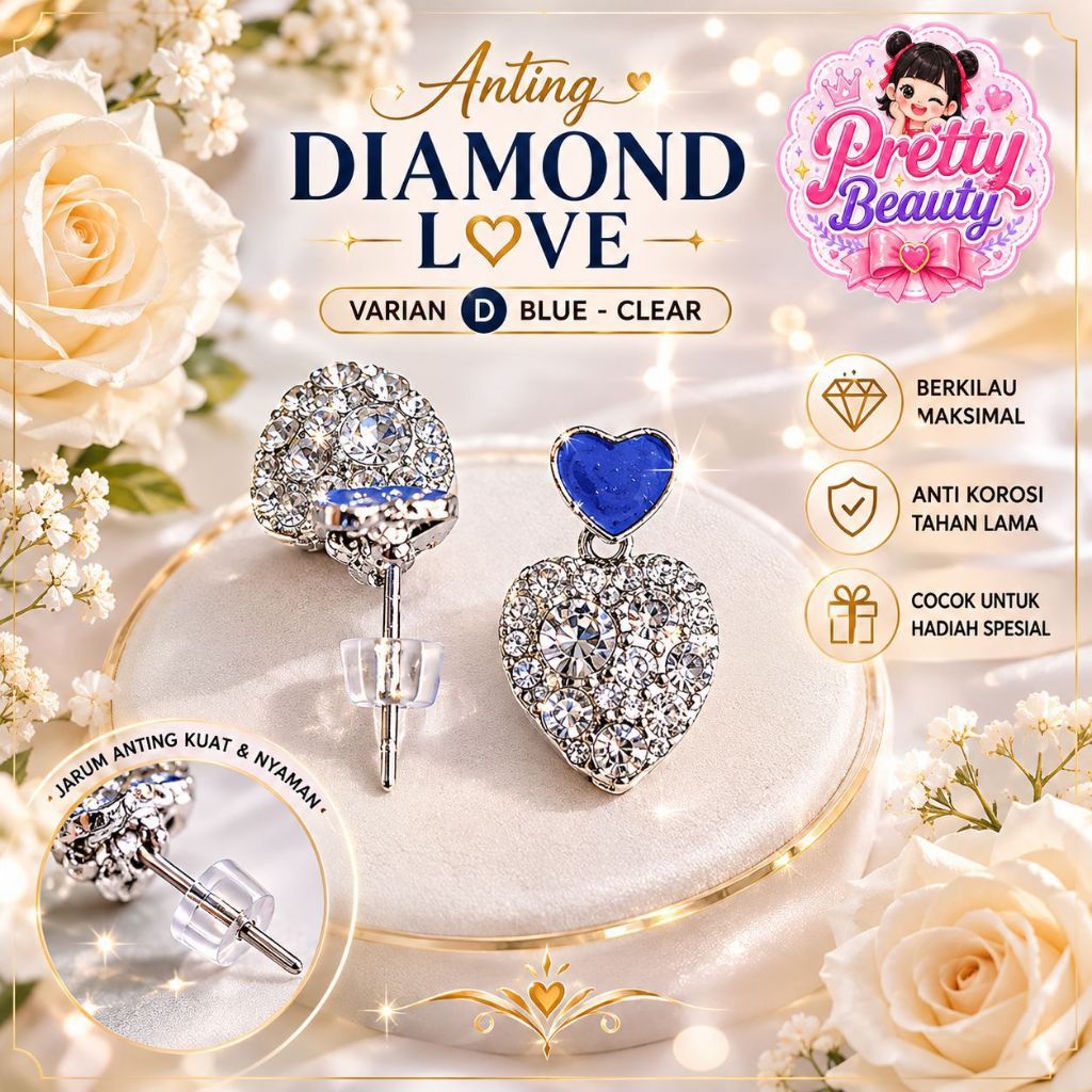 ANTING WANITA ELEGAN Diamond Love Color Model Hati Permata Cantik Giwang Anting Tusuk Desain Mewah W