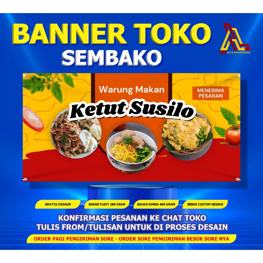 SPANDUK TOKO SEMBAKO, BALIHO SEMBAKO, BANNER TOKO SEMBAKO, BANNER TOKO, BANNER BENGKEL SEHARI JADI B