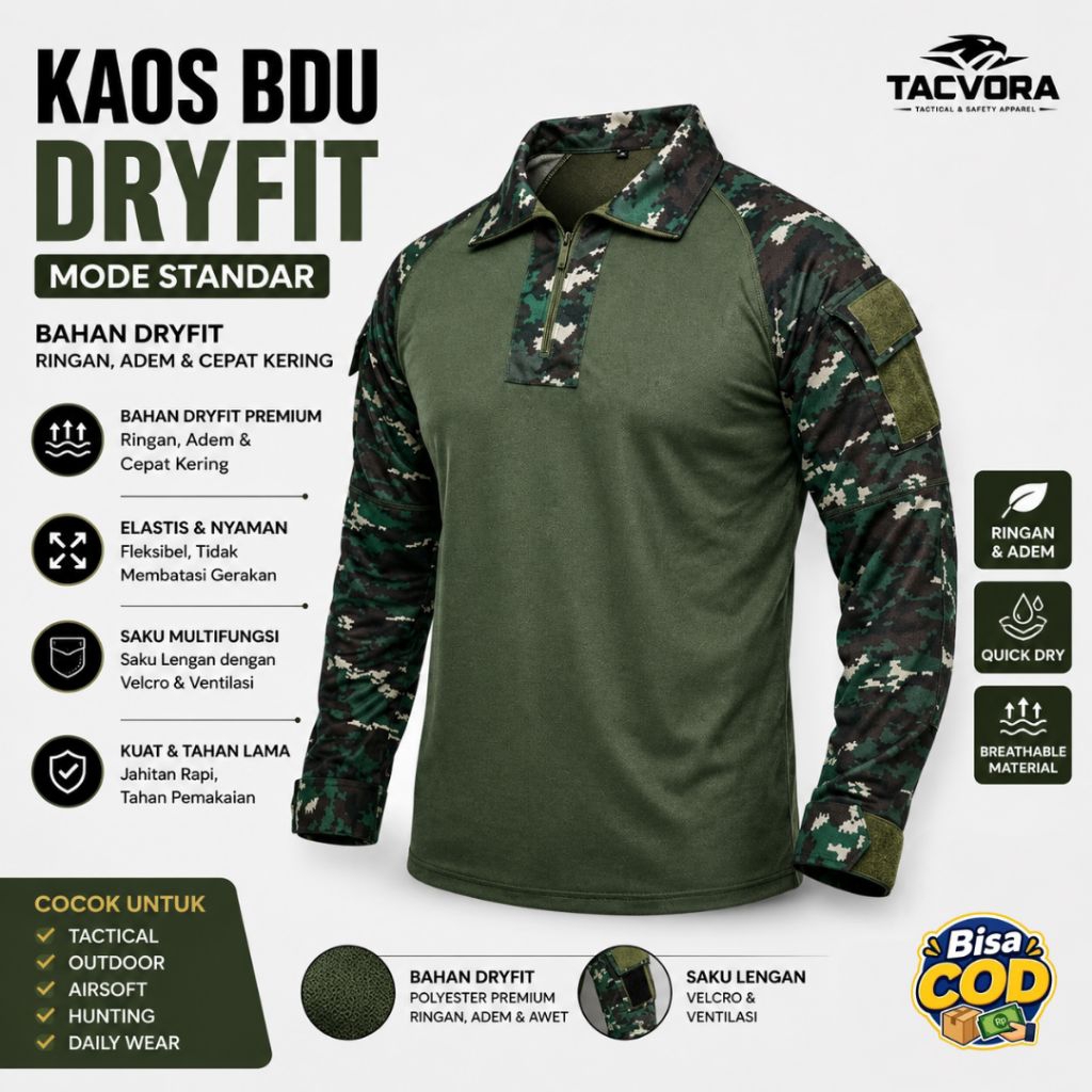 Kaos BDU Tactical Dryfit Lengan Panjang Loreng Malvinas NKRI KRI Kopasus Sage Green - Size M-XXXL