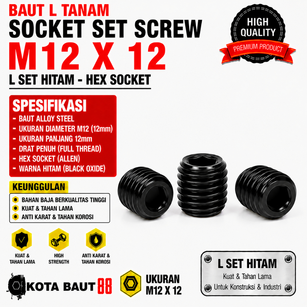 Baut L Tanam M12X12 / L Set 12X12 / Baut Tanam L M12 X 12 / L Set Hitam 12 X 12  - Socket Set Screw 