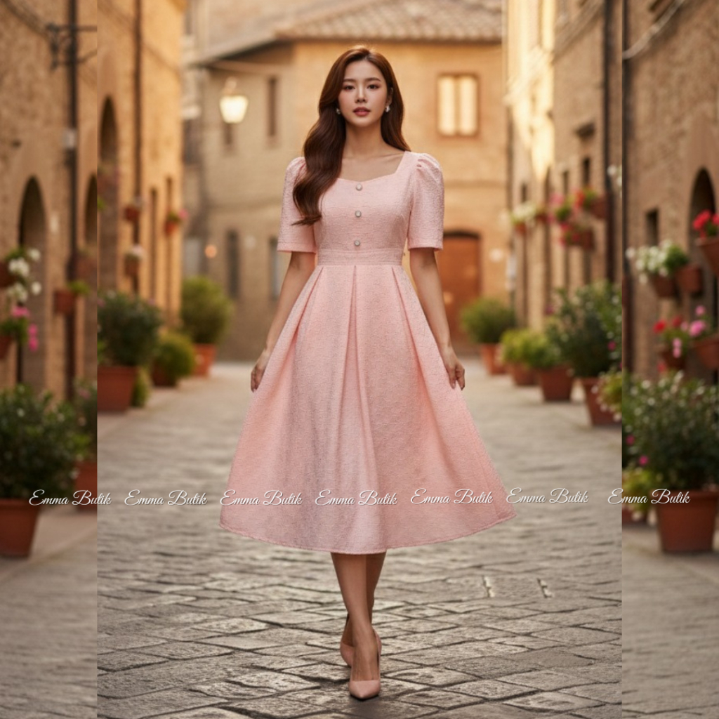 Emma.Butik E00296 Gaun Midi Wanita Dress Merah Casual Kondangan Gereja Pesta Gaun Formal Lengan Pend
