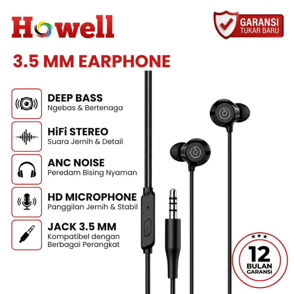 HOWELL Earphone 3.5mm Headset Kabel In Ear Suara Bass Jernih Kedap Suara Mic HD