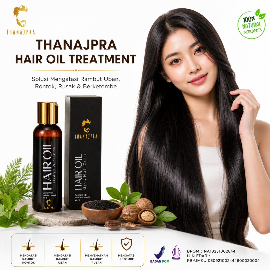 Pewarna Rambut Thanajpra Hair Oil dengan Minyak Ulin Alami, Menghitamkan Rambut dan Menutup Uban