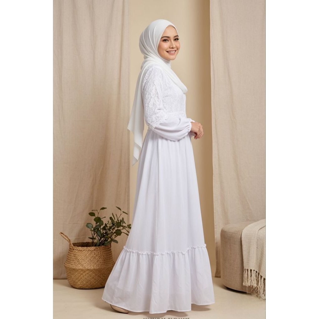 Gamis Putih Ceruty Renda Muslimah Polos Premium Friendly