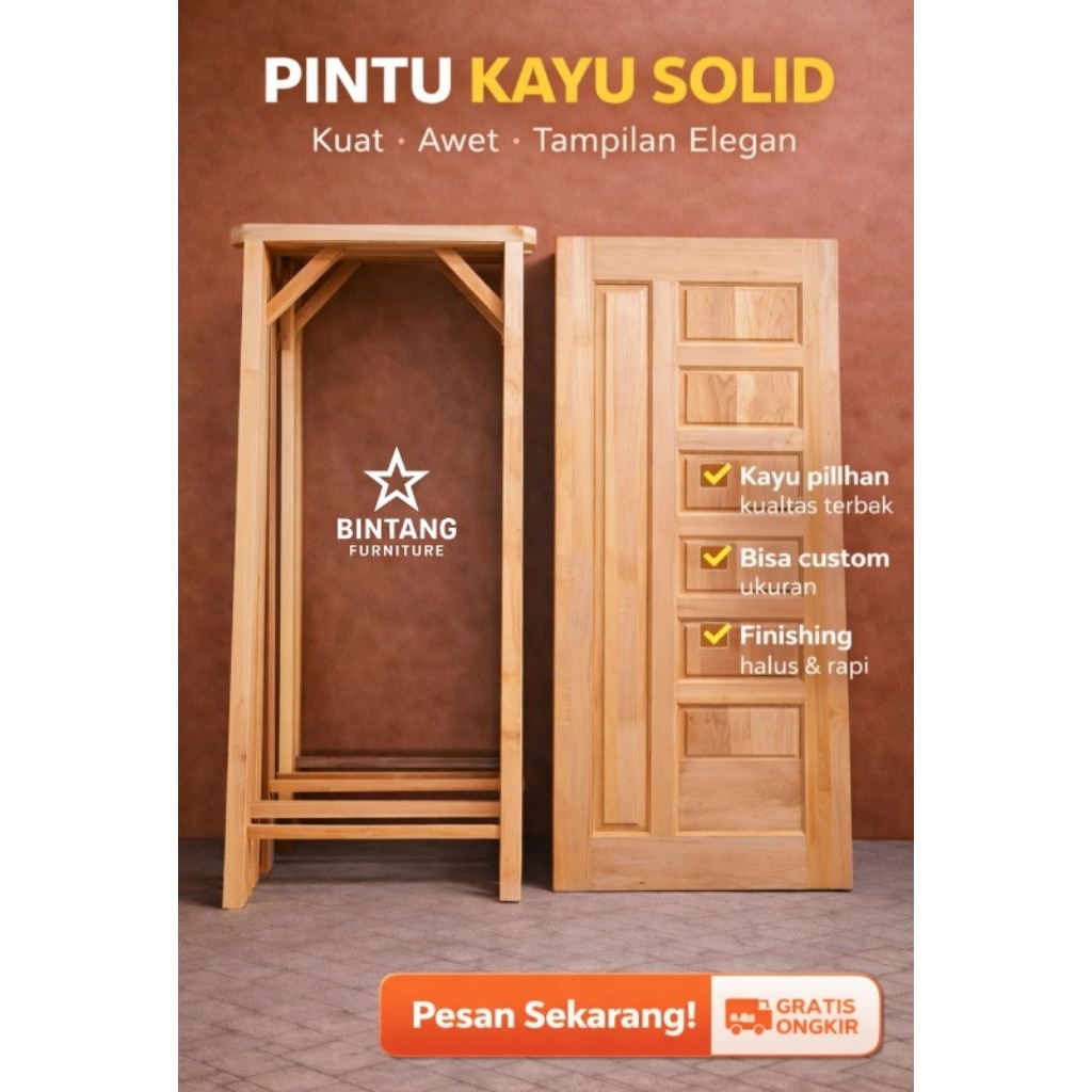 Kusen + Pintu Kamar Rumah Minimalis Kusen Kayu 1 Set Daun Pintu Murah