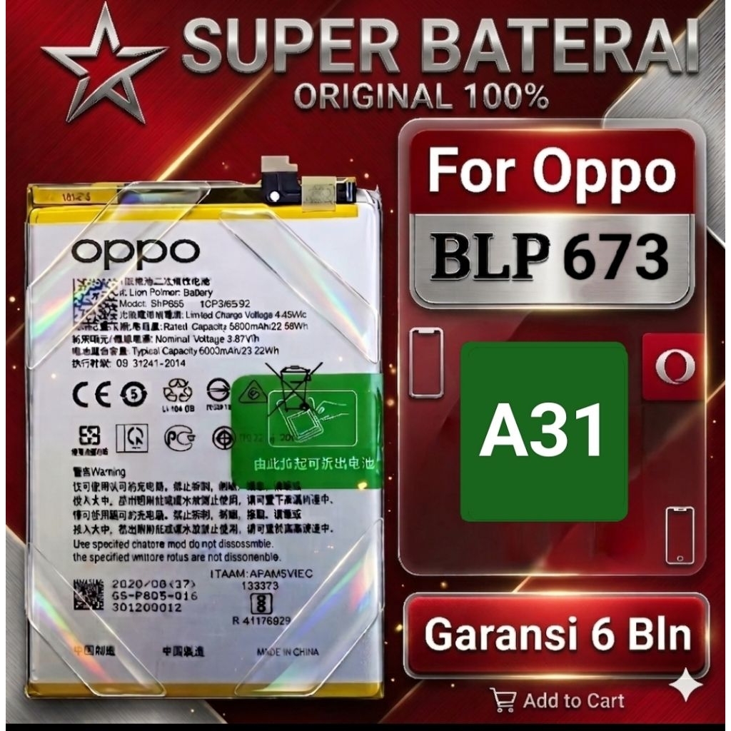Baterai Oppo A31 2020 Original+Obeng Dan Lem Blp 673