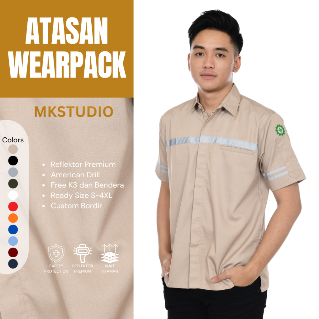 Baju Wearpack Kemeja Safety K3 Proyek Lengan Pendek Warna Krem Bisa Custom Bordir Seragam Tambang K3