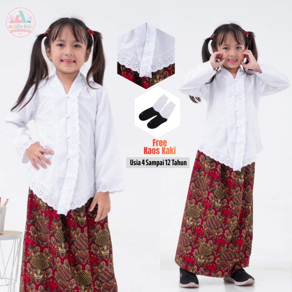 Setelan Kebaya Anak Putih Merah Seragam Sekolah TK SD Pakaian Baju Adat Perempuan Sunda Kebaya Encim