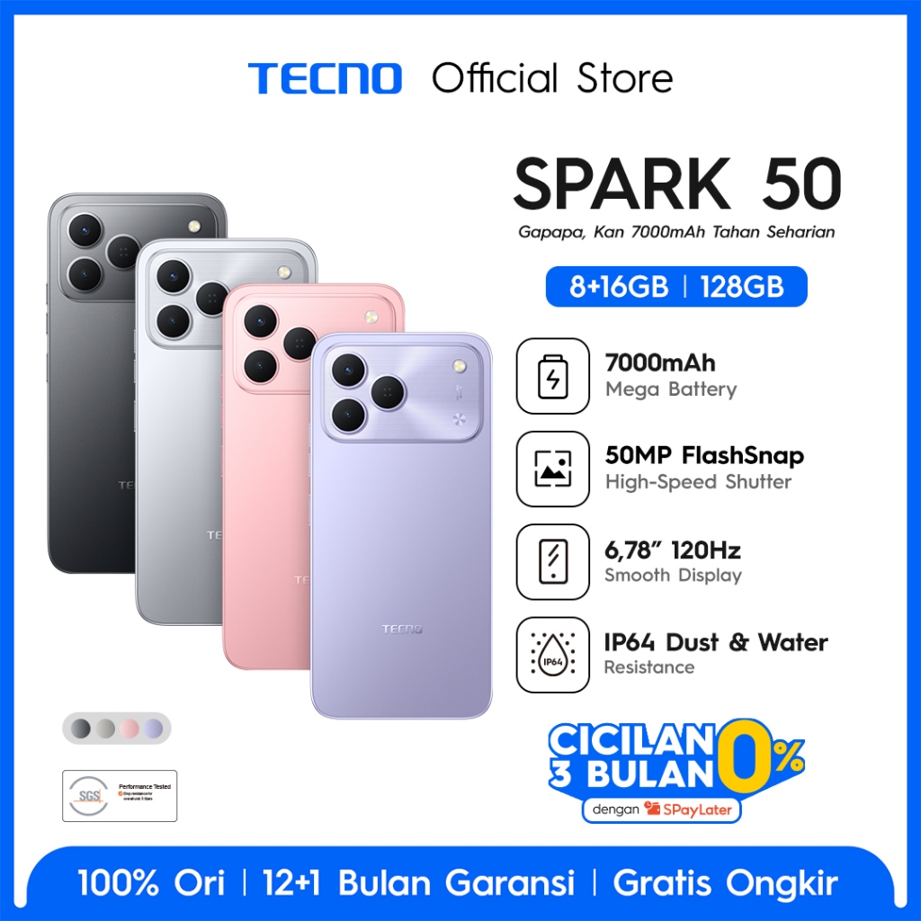 TECNO SPARK 50 - 8+16GB*/128GB, 7000mAh Mega Battery, 50MP AI Camera + FlashSnap, 120Hz 6.78' Smooth Display, IP64 High Durability - SPARK 50