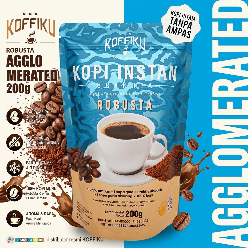 KOFFIKU [AGGLOMERATED] 200gr Kopi Instan Granule Hitam Ribusta Tanpa Ampas & Bebas Gula Praktis / Sp