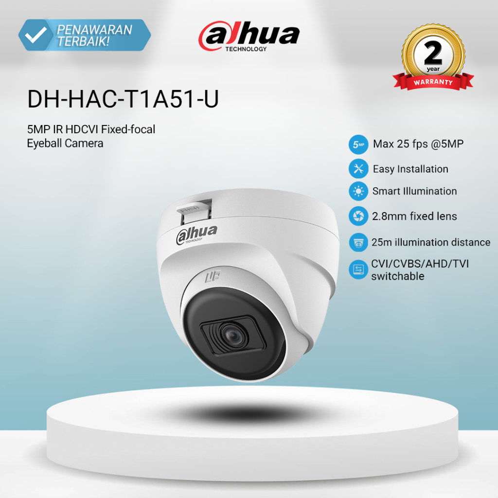 DAHUA HAC-T1A51P-U 5MP HDCVI ANALOG 4IN1 IR EYEBALL COOPER CAMERA RESMI dengan Smart IR dan Lensa Te