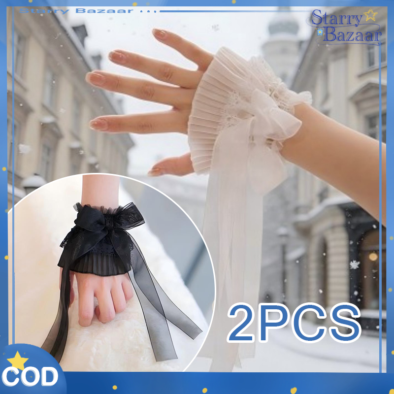 1pair Manset Renda Tangan Panjang Ribbons Soft Manset Tangan Wanita Renda Manset Lengan Lace