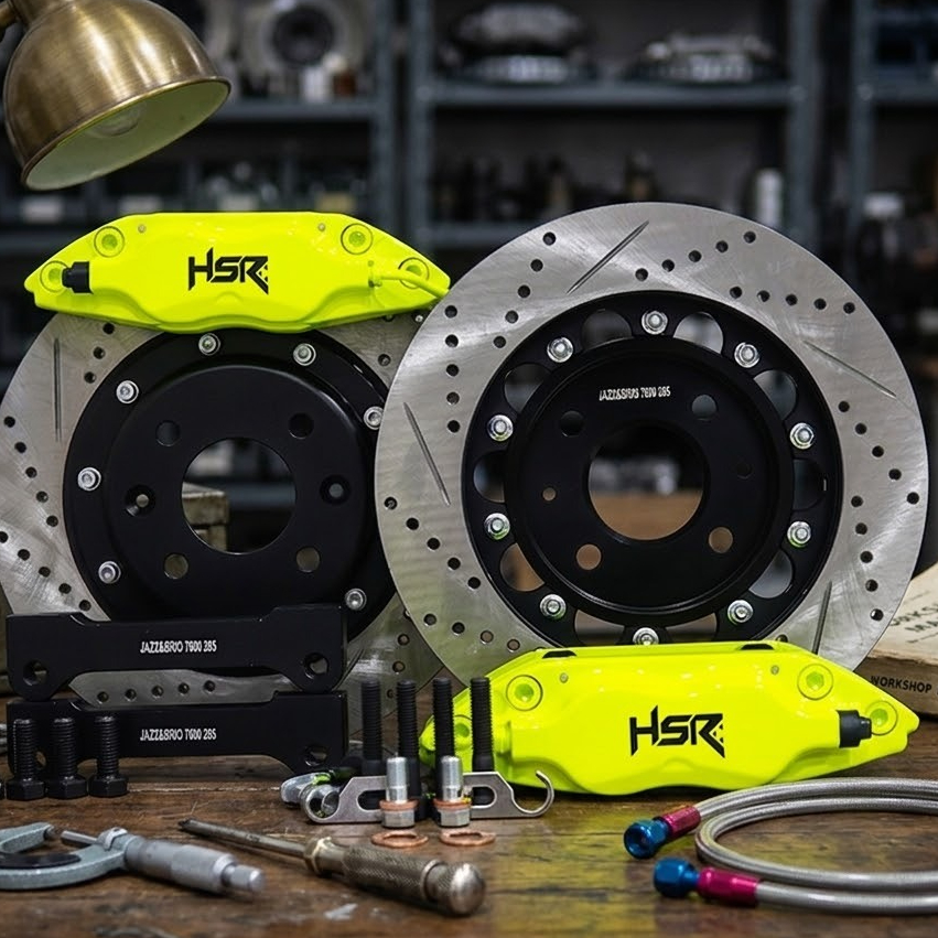 BBK YELLOW FLUORESCENT HSR 4 PISTON MZ7600 FRONT 285X24 DRILLED SLOTTED JAZZ&BRIO 2018 BREMBO HSR