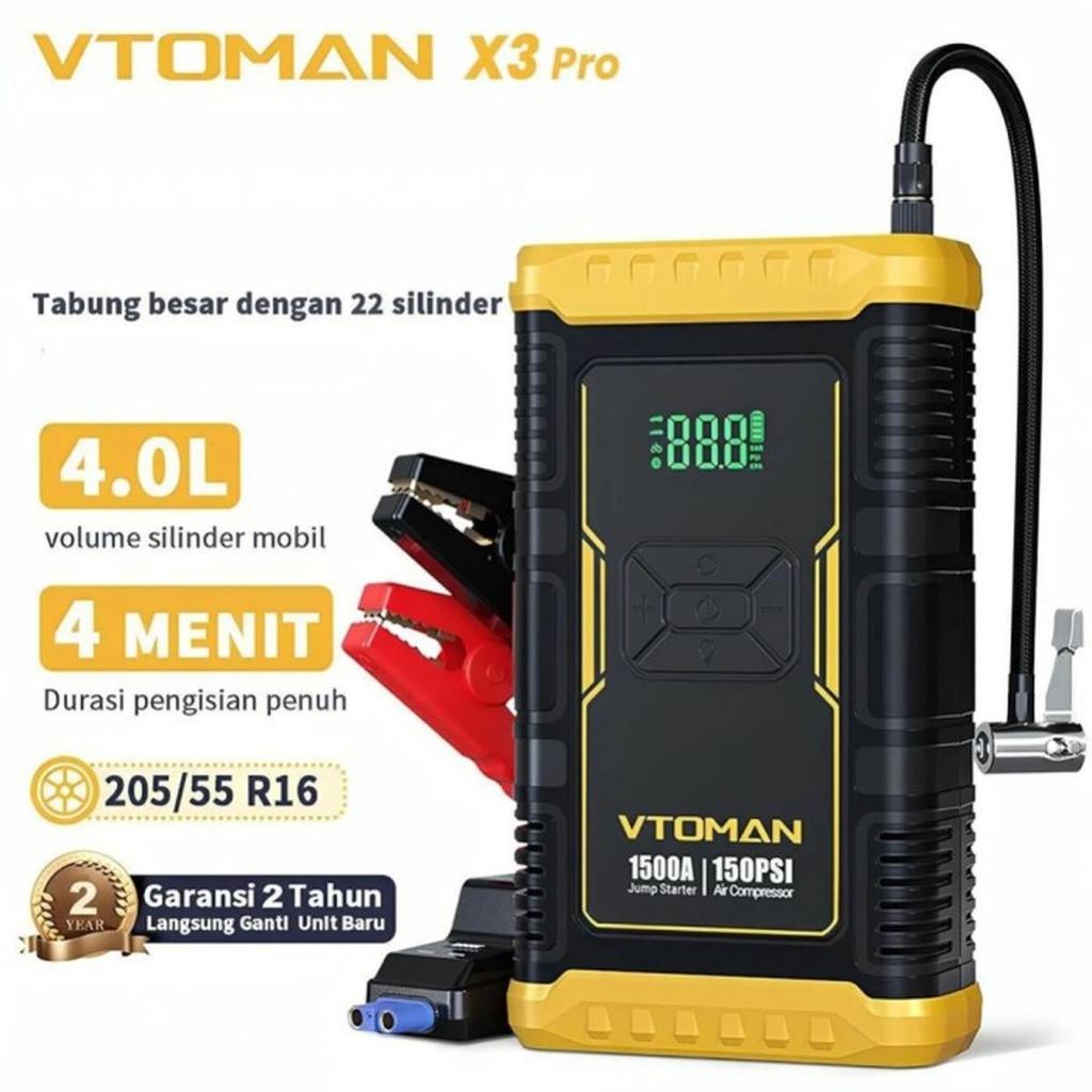 VTOMAN X3 PRO Jump Start & Pompa 10000 mAh | 37Wh Pompa Angin 150Psi Jump Starter Aki Powerbank Port