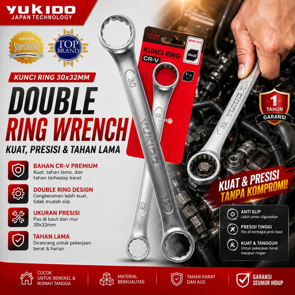 KUALITAS PREMIUM YUKIDO Kunci Ring Pas 30-32 mm Alat Perkakas Tools Kunci Ring Pas/Kunci Ring set le