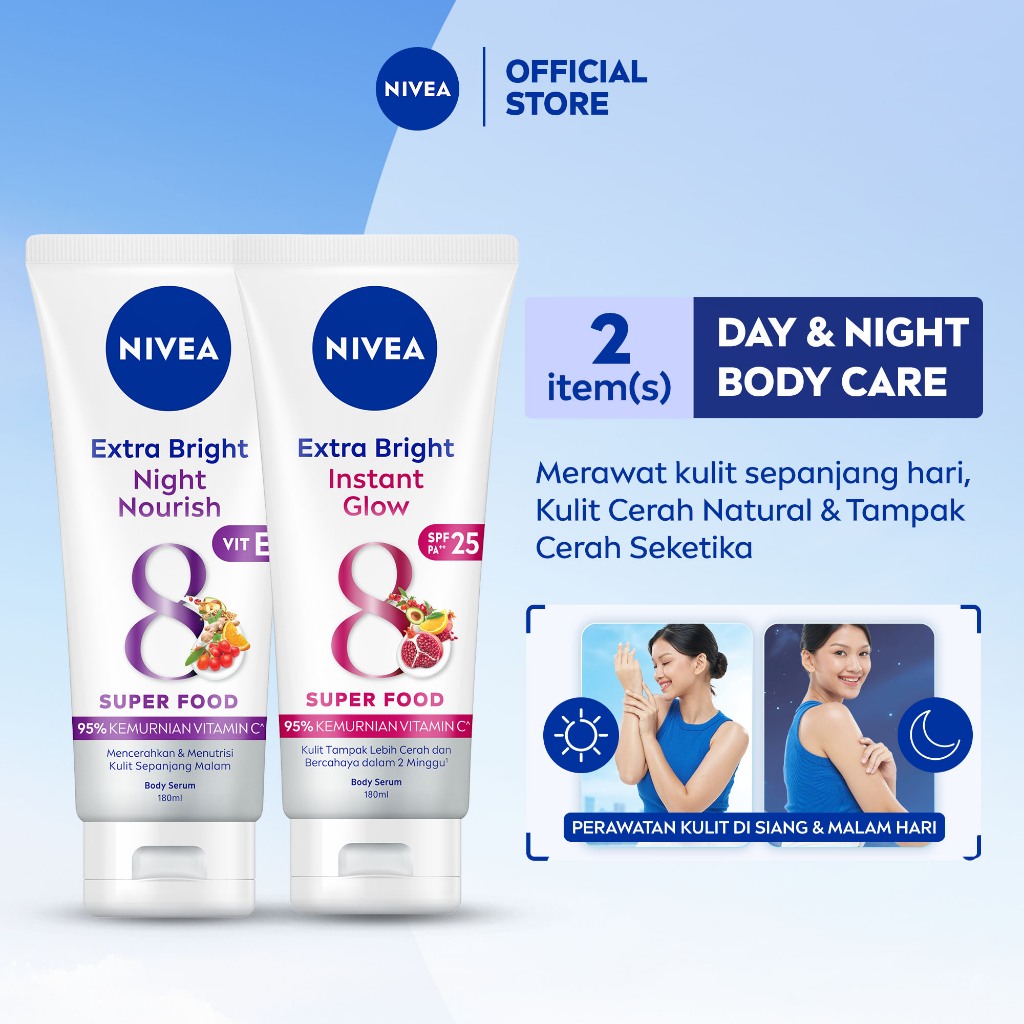 NIVEA Body Serum Extra Bright Day & Night (Instant Glow + Night Nourish) 180ml x2 - Merawat & mencer