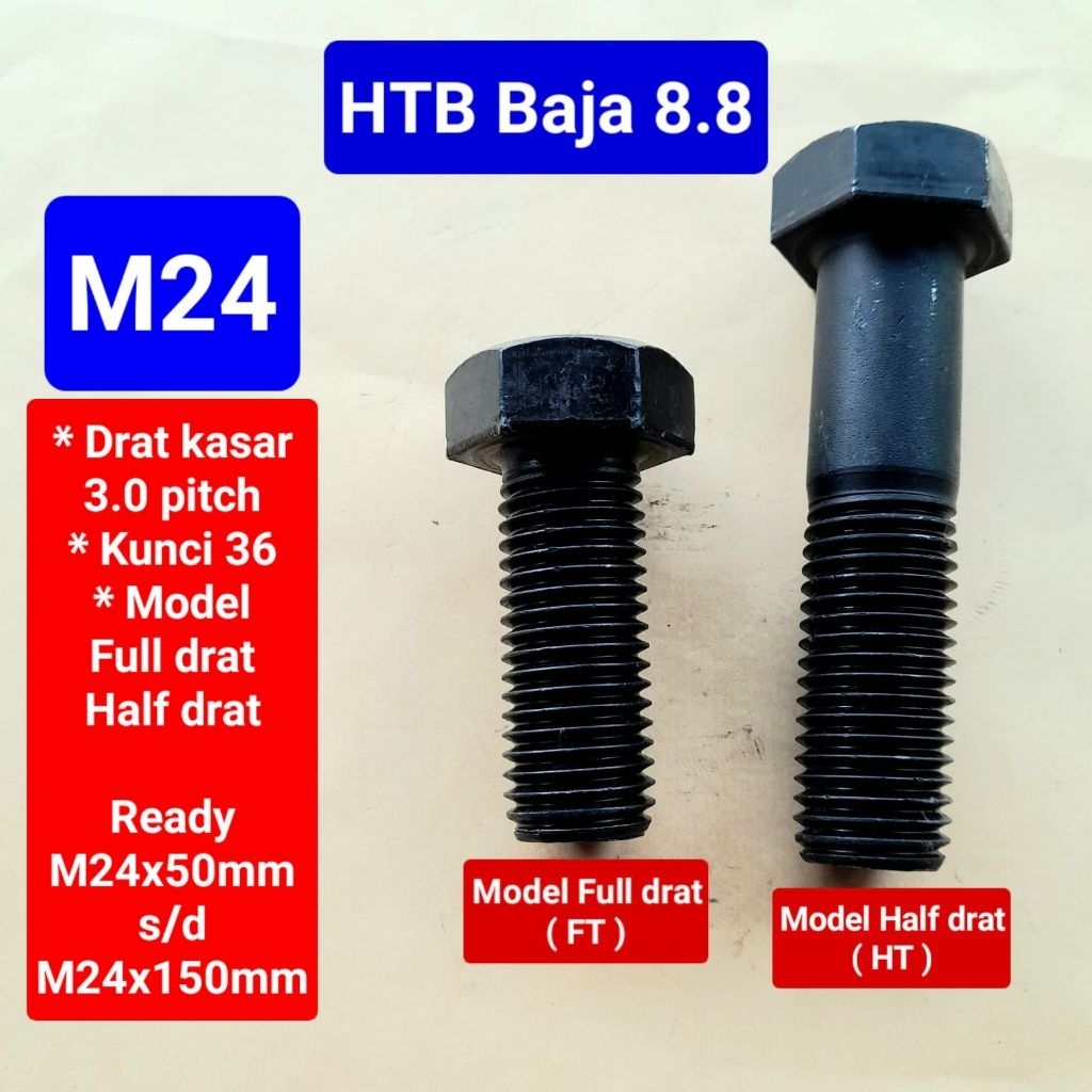 Baut HTB hexagon baja 8.8 M24 | baut hex baja 8.8 M24 | baut baja hitam 8.8 M24x50 s/d M24x150mm