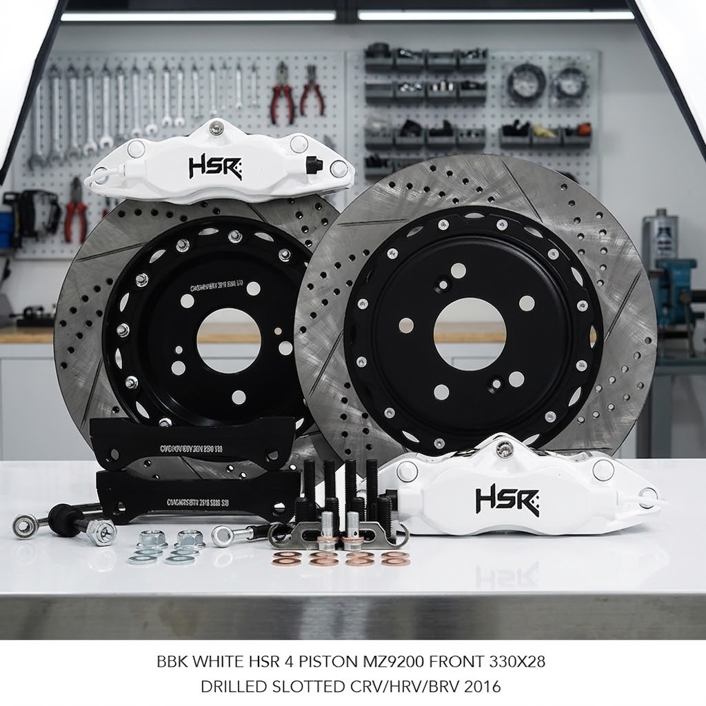 BBK WHITE HSR 4 PISTON MZ9200 FRONT 330X28 DRILLED SLOTTED CIVIC/HRV/BRV 2016 BBK BREMBO HSR TERBARU