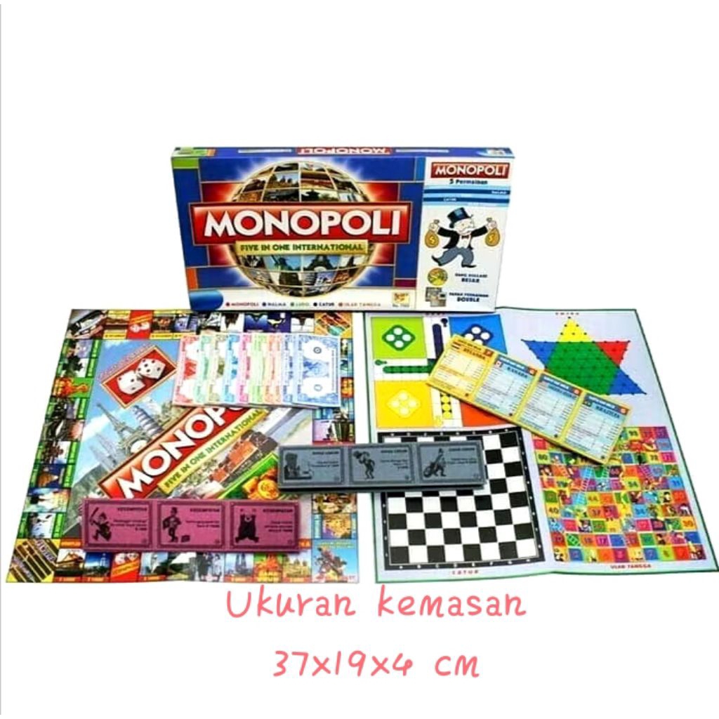 Mainan Anak Board Game Monopoli International 5 in 1 (Monopoli, Catur, Ular Tangga, Halma, dan Ludo)