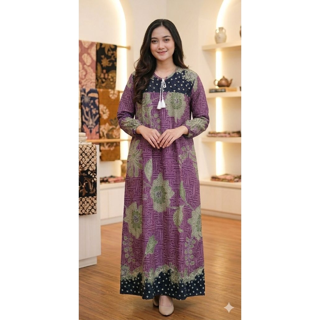 Gamis Batik Rayon Premium Kekinian Busui Friendly Resleting Depan Tali di Dada Motif Laseman