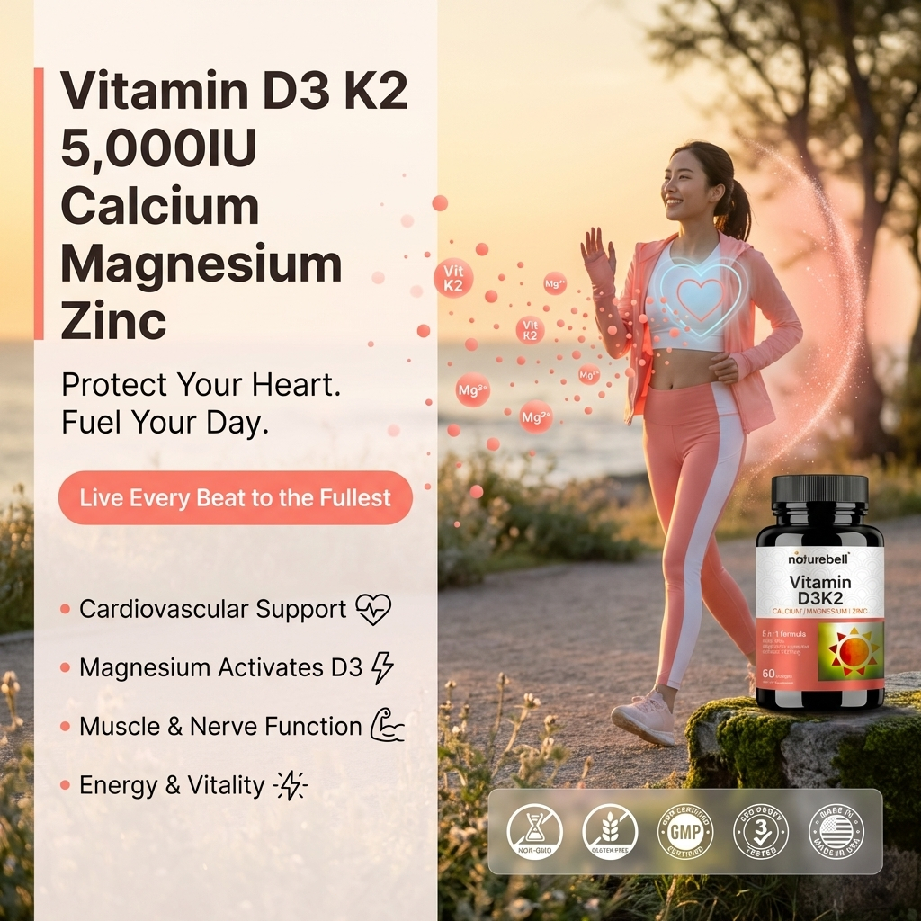 Suplemen untuk Kesehatan Tulang & Imunitas - Vitamin D3K2 5000IU & CalciumMagnesiumZinc, 60 Kapsul