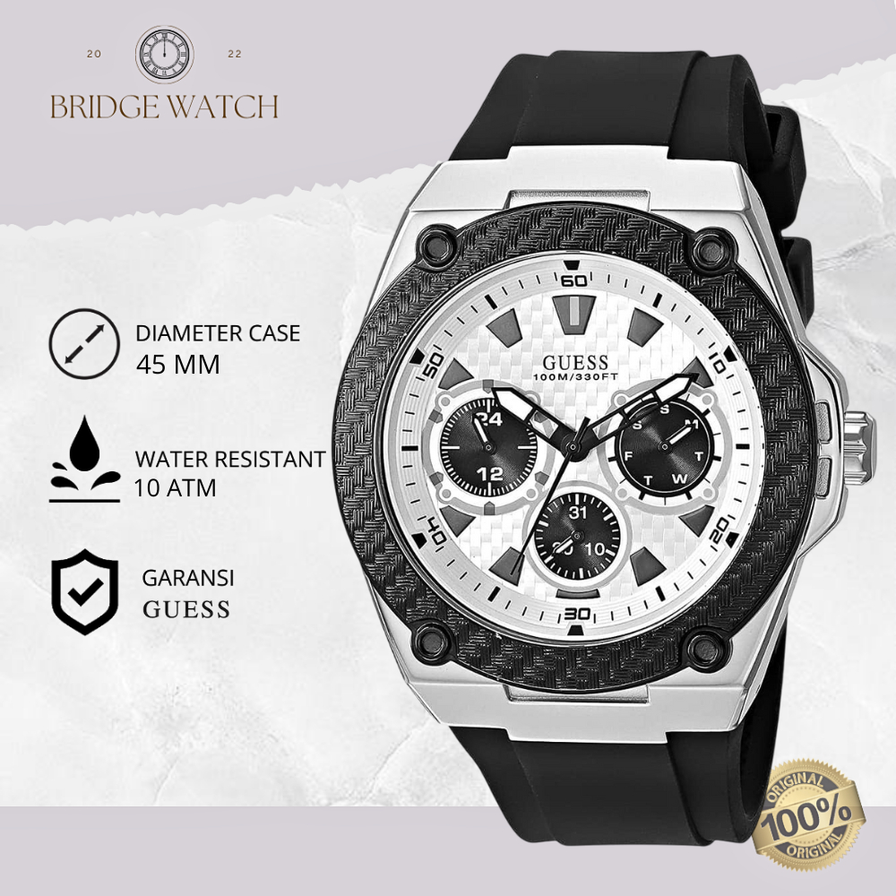 Jam Tangan Pria Guess Legacy W1049G3 Chronograph Black Rubber Sporty Casual Original