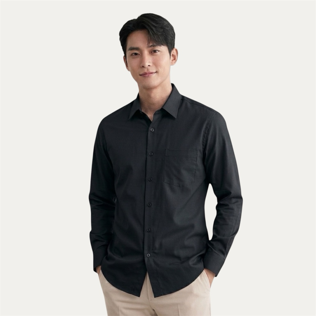 Kemeja Polos Hitam Pria Lengan Panjang Hem Slimfit Casual Formal