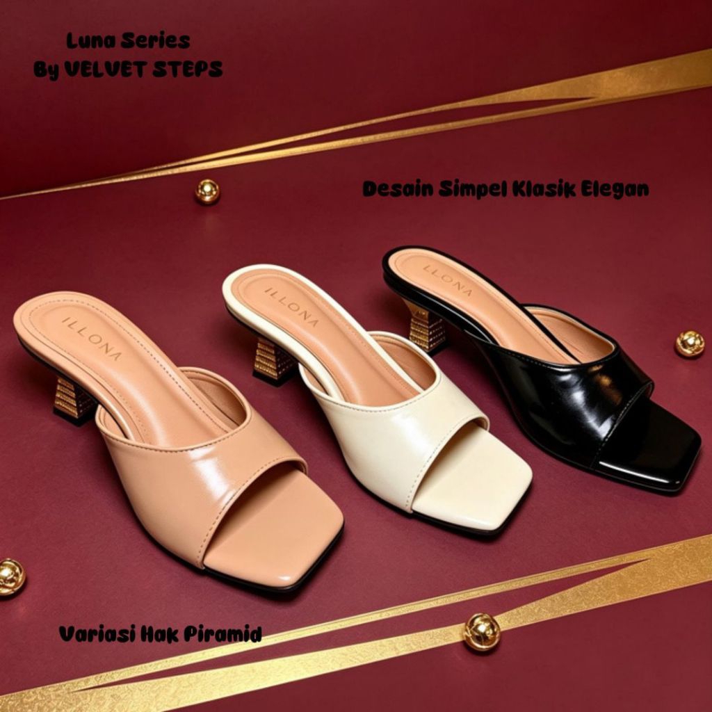 VELVET Luna Series sendal slop heels wanita, heels wanita 5cm, sandal wanita heels hak 5cm