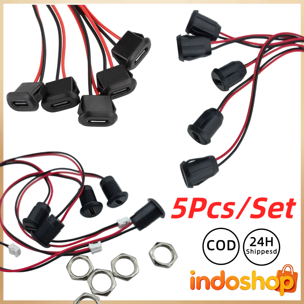 5Pcs Soket Tipe C Tahan Air Konektor Cas USB Tipe C Female 2 Pin Berkabel Jack Port Cas 5A Anti Air 