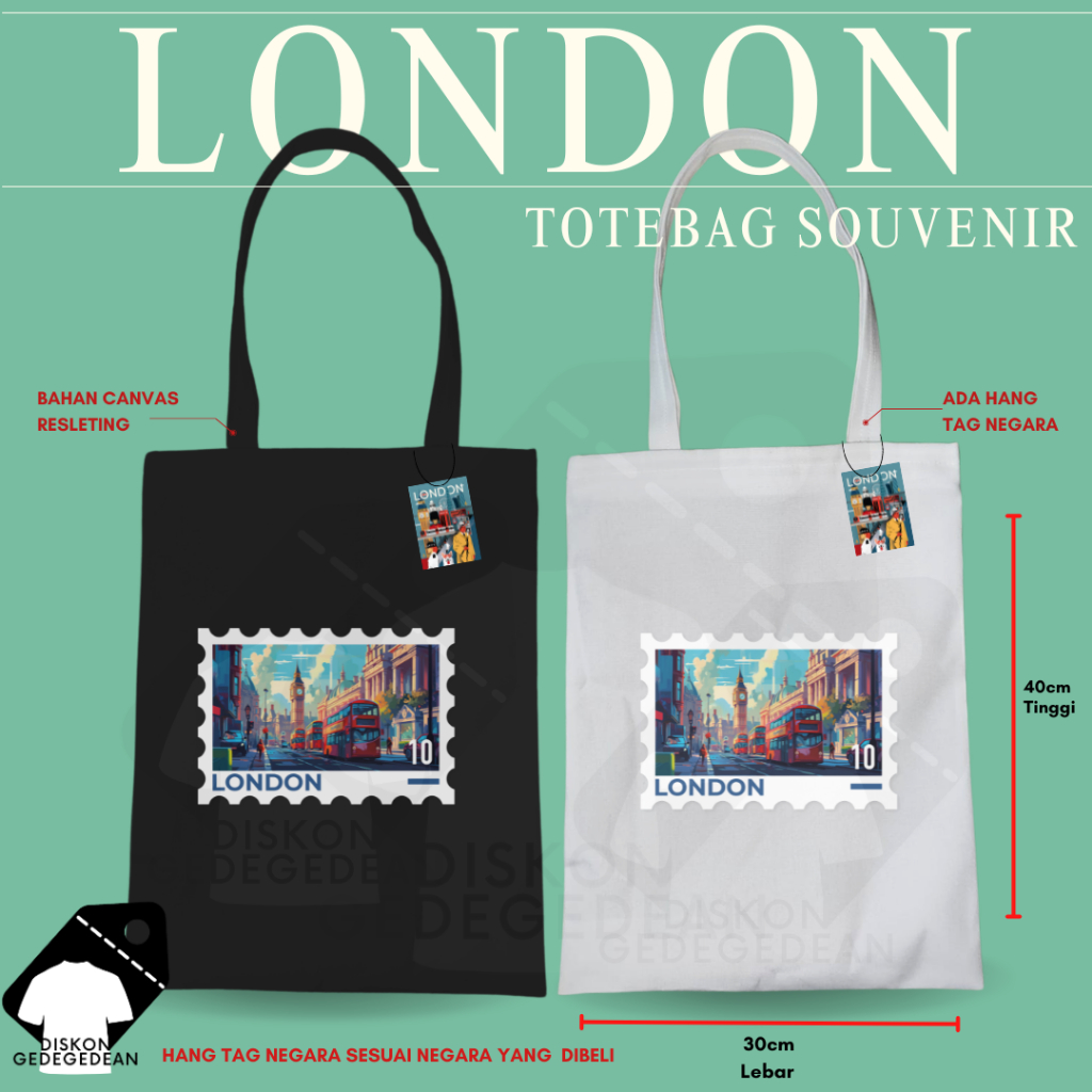 Diskongedegedean Totebag London Souvenir Tas Oleh Oleh London Kanvas Resleting 2