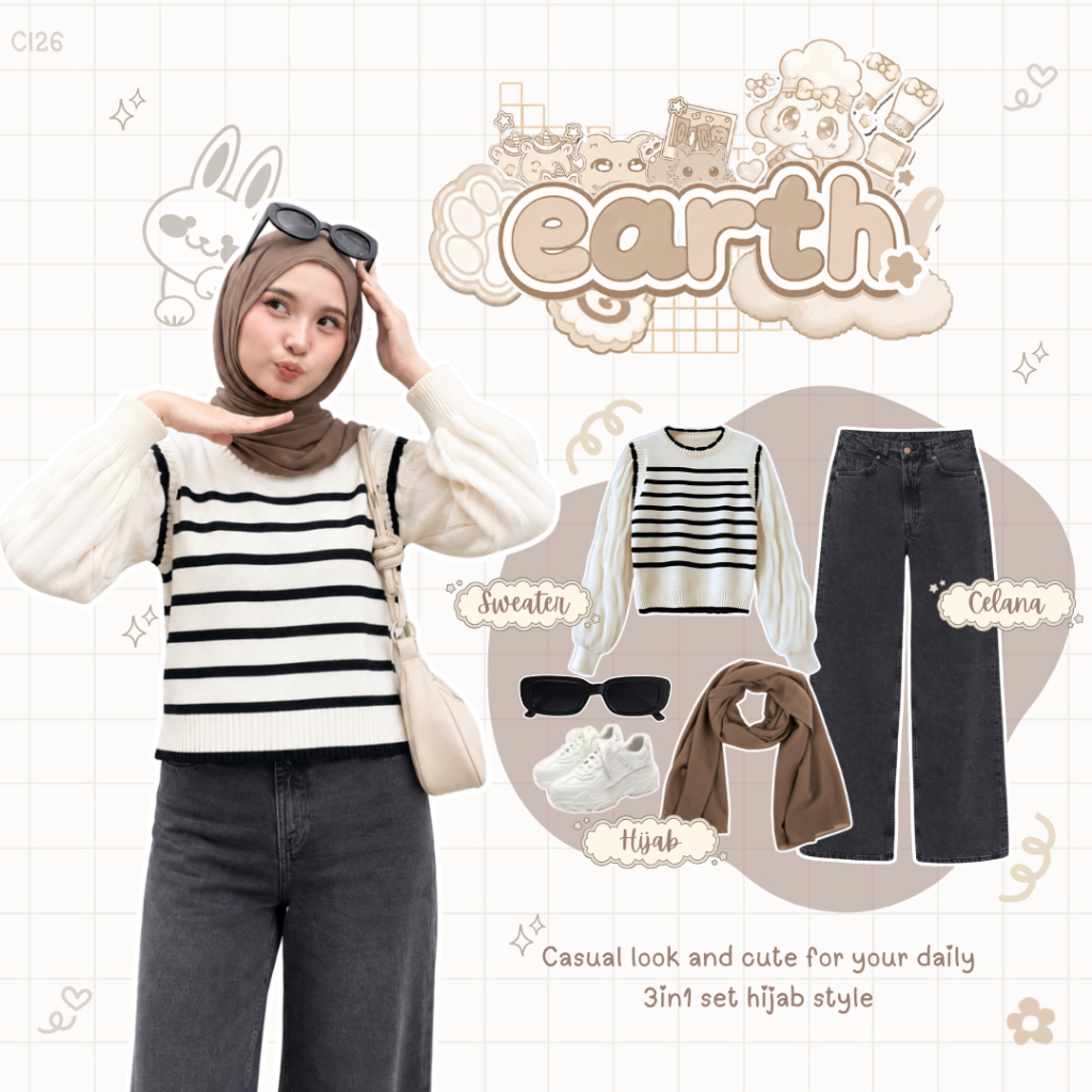 One Set 3in1 Remaja Kekinian - Hijab - Jeans - Sweater - Set Korean Style OOTD Remaja Hangout - CL26