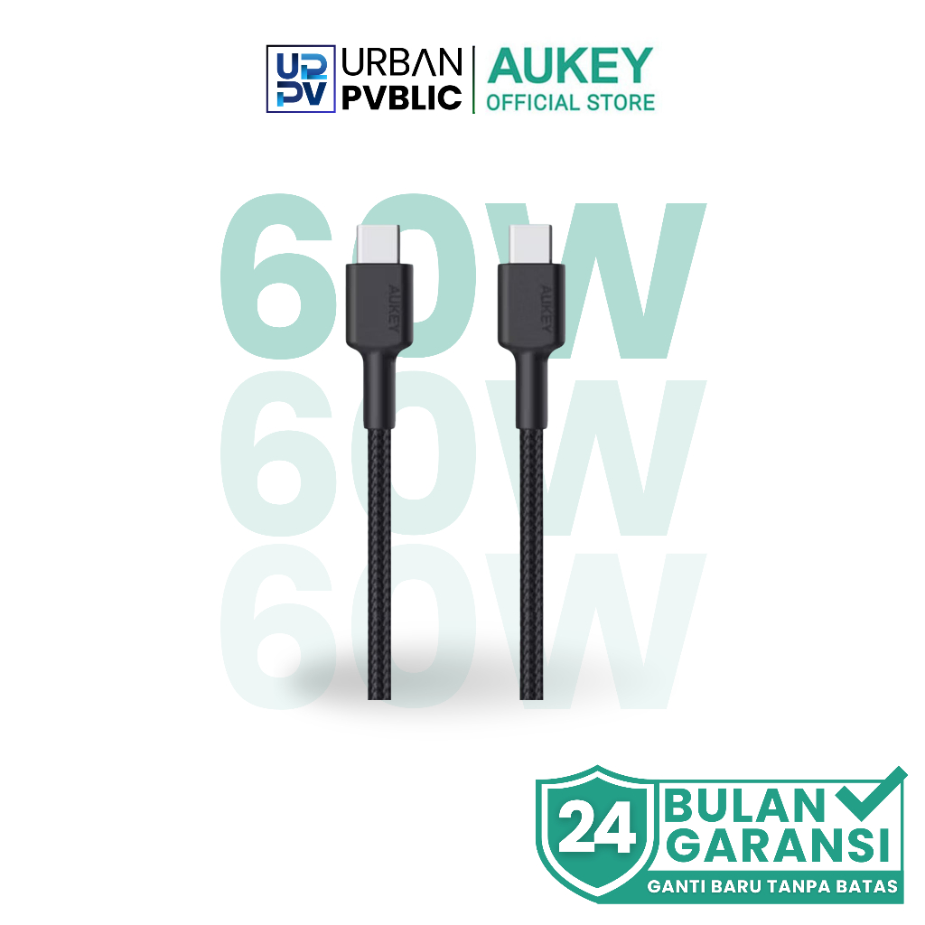 AUKEY CB-CD45 Kabel Charger Type C Braided Nylon USB-C to USB-C Black Cable Original Resmi Aukey
